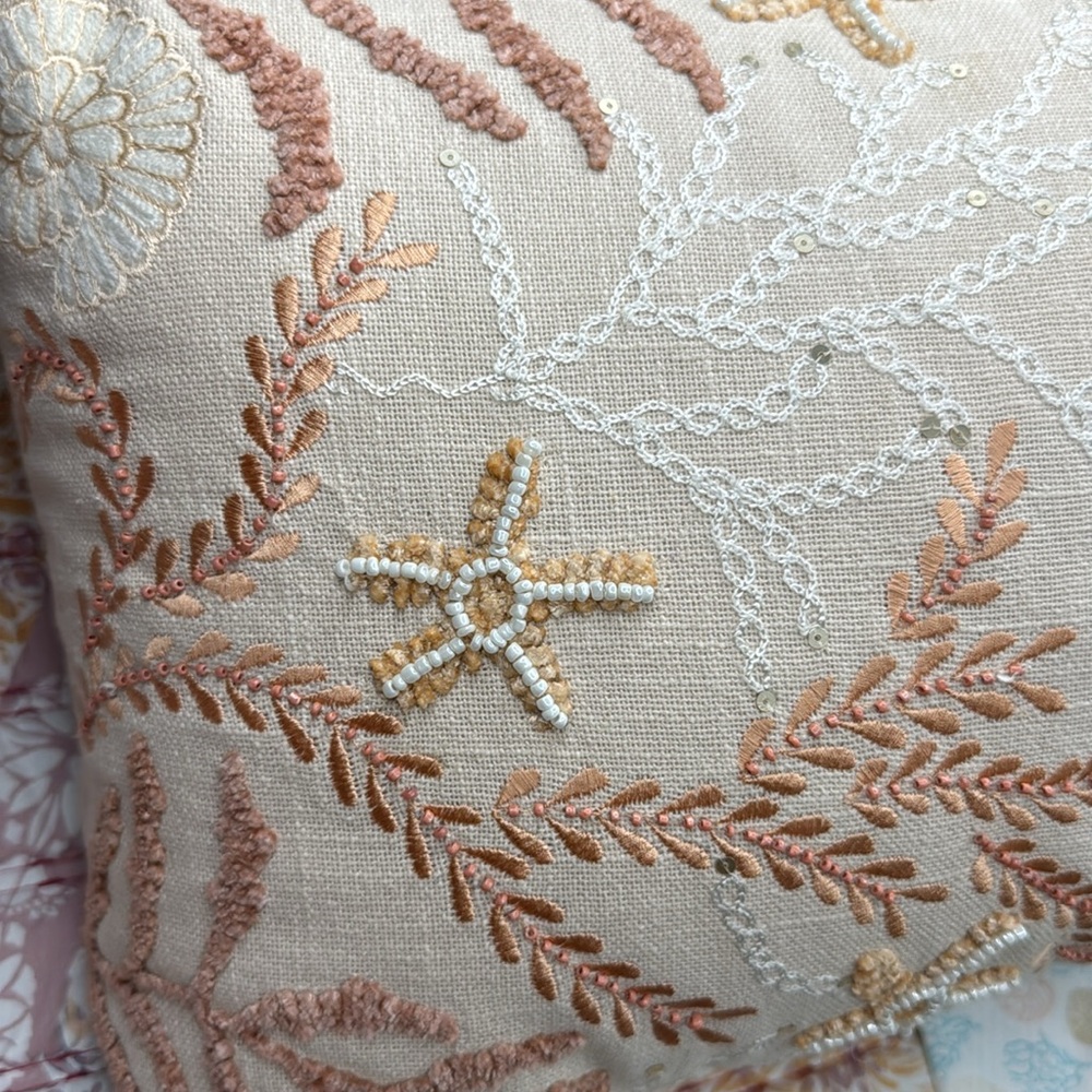 NEW Large Coastal Hand Embroidered w beads & Sequins Lumbar Pillow Beach Boho - Picture 15 of 17